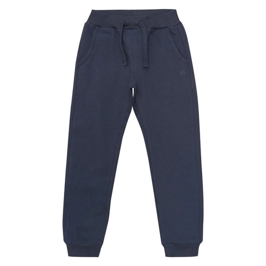 A pair of dark navy blue sweatpants with an elastic waistband, drawstring, side pockets, and ribbed ankle cuffs, shown against a plain white background.