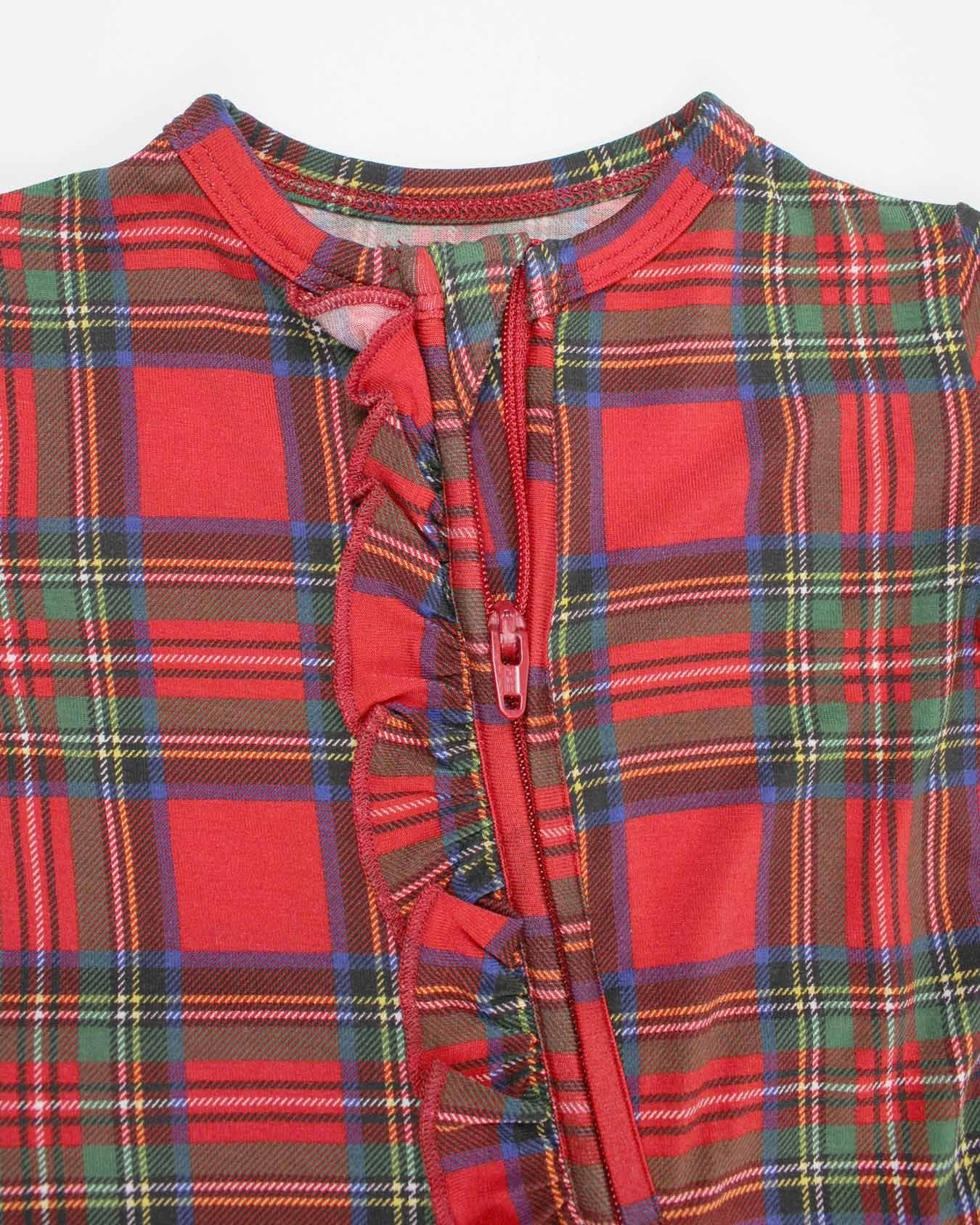 December Plaid Ruffle Zip Footie