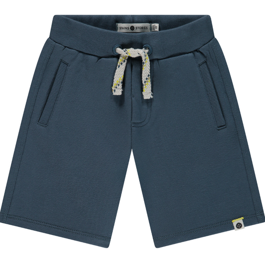 Blue shorts with a drawstring on a white background
