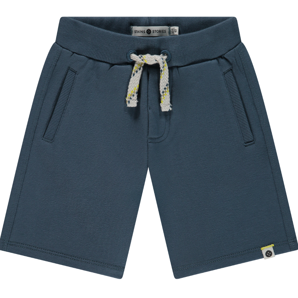 Blue shorts with a drawstring on a white background