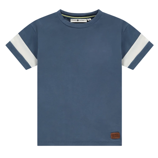 Blue t-shirt with white sleeves on a white background