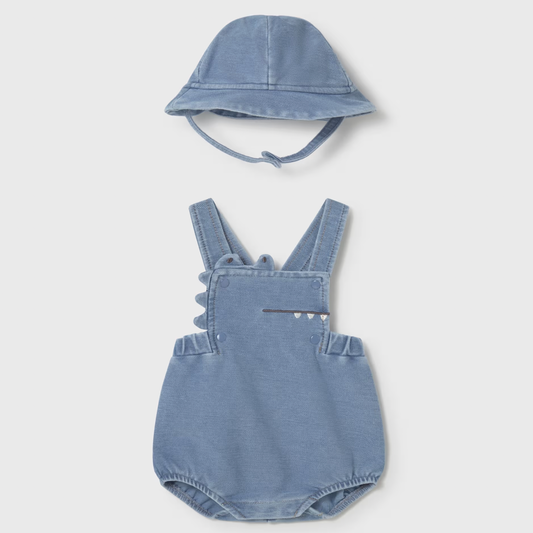 Blue denim baby romper with matching hat