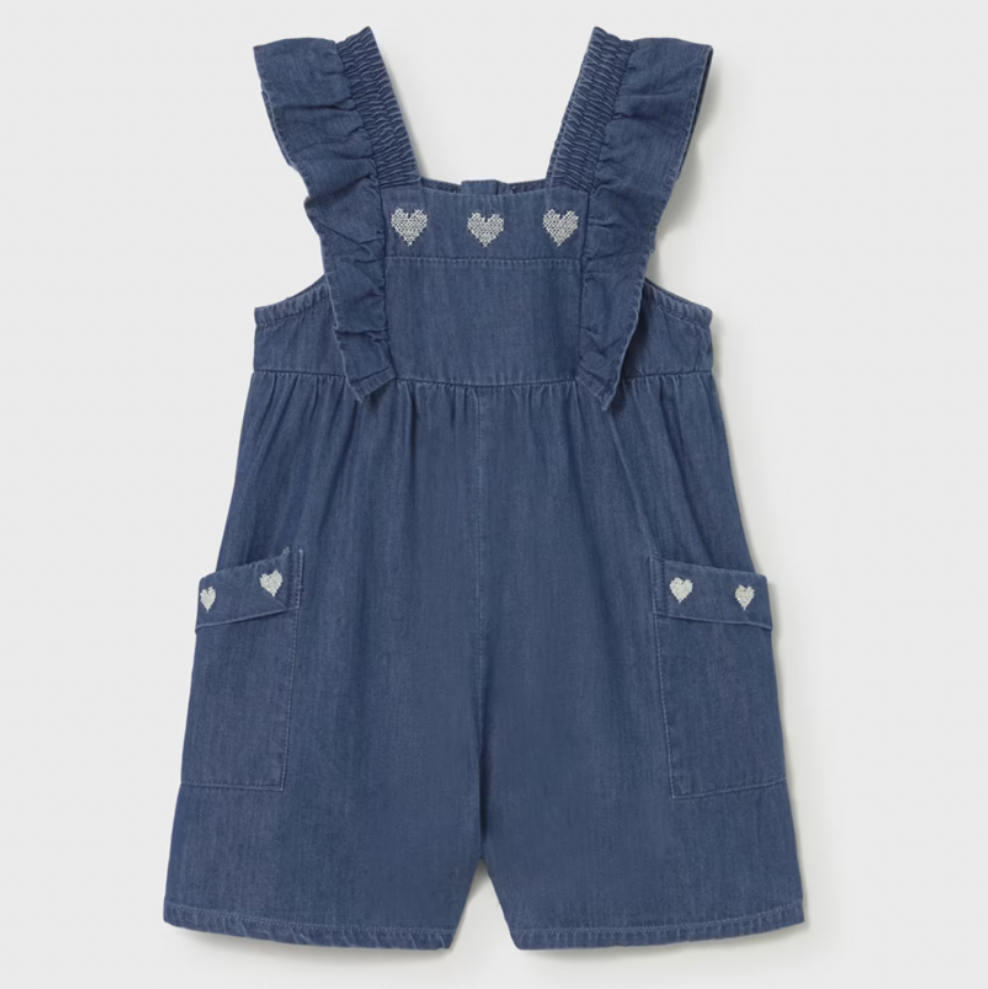 Blue denim overalls with ruffled straps and embroidered hearts on a light gray background