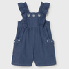 Blue denim overalls with ruffled straps and embroidered hearts on a light gray background