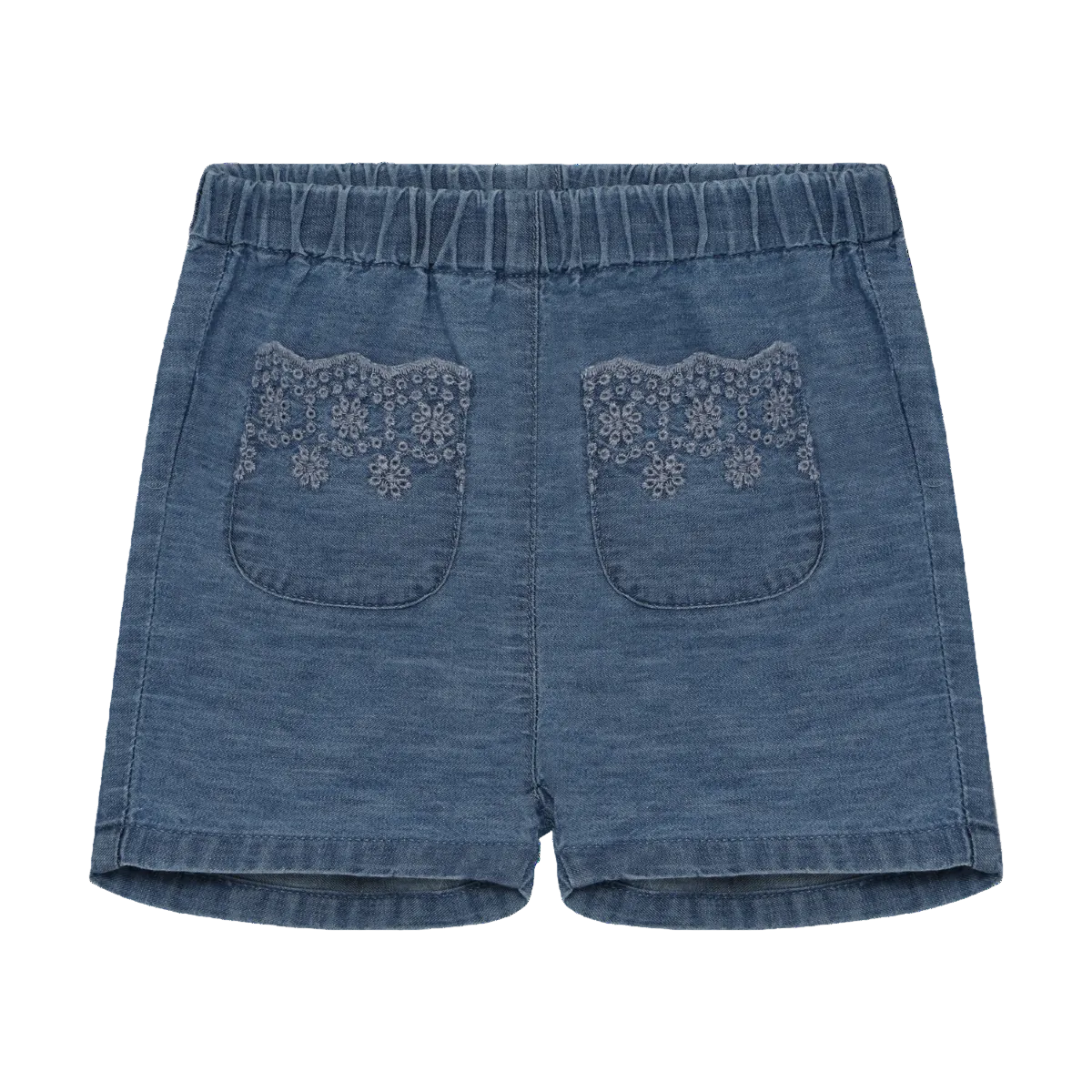 Blue denim shorts with lace detailing