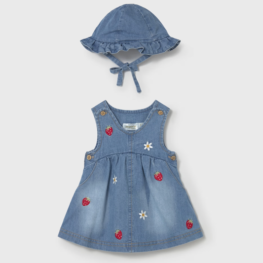 Blue denim dress with strawberry and flower embroidery and matching hat 