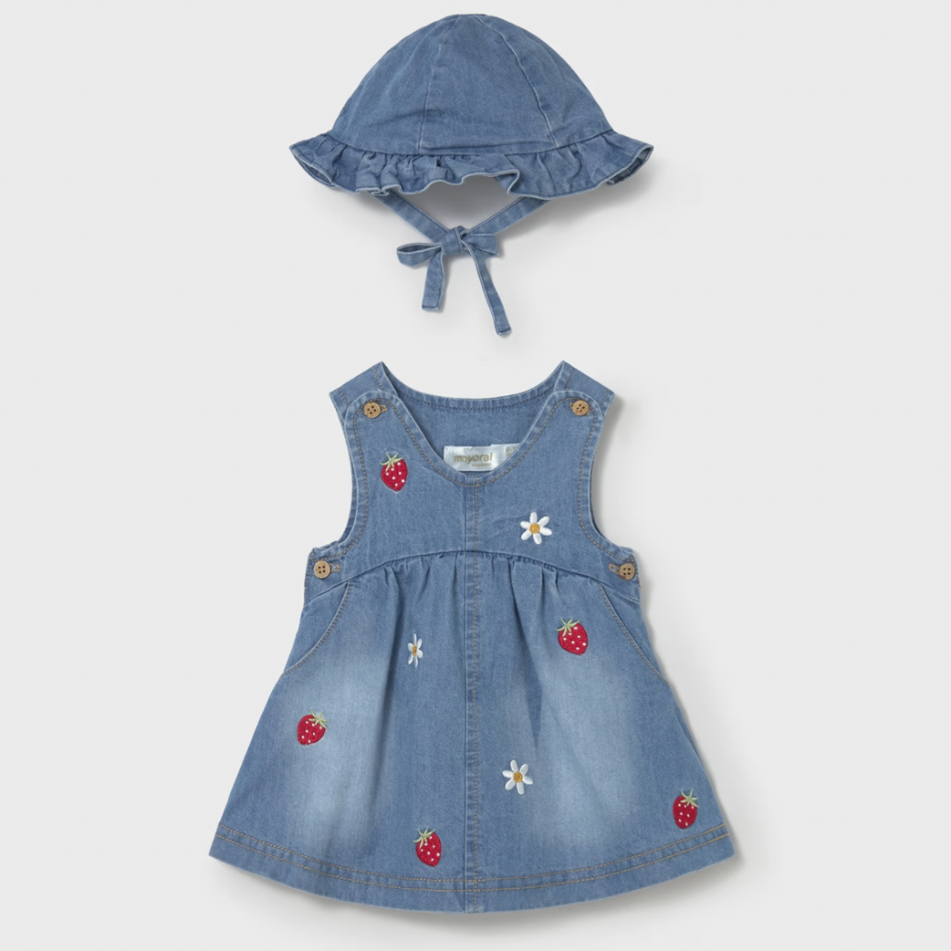 Blue denim dress with strawberry and flower embroidery and matching hat 