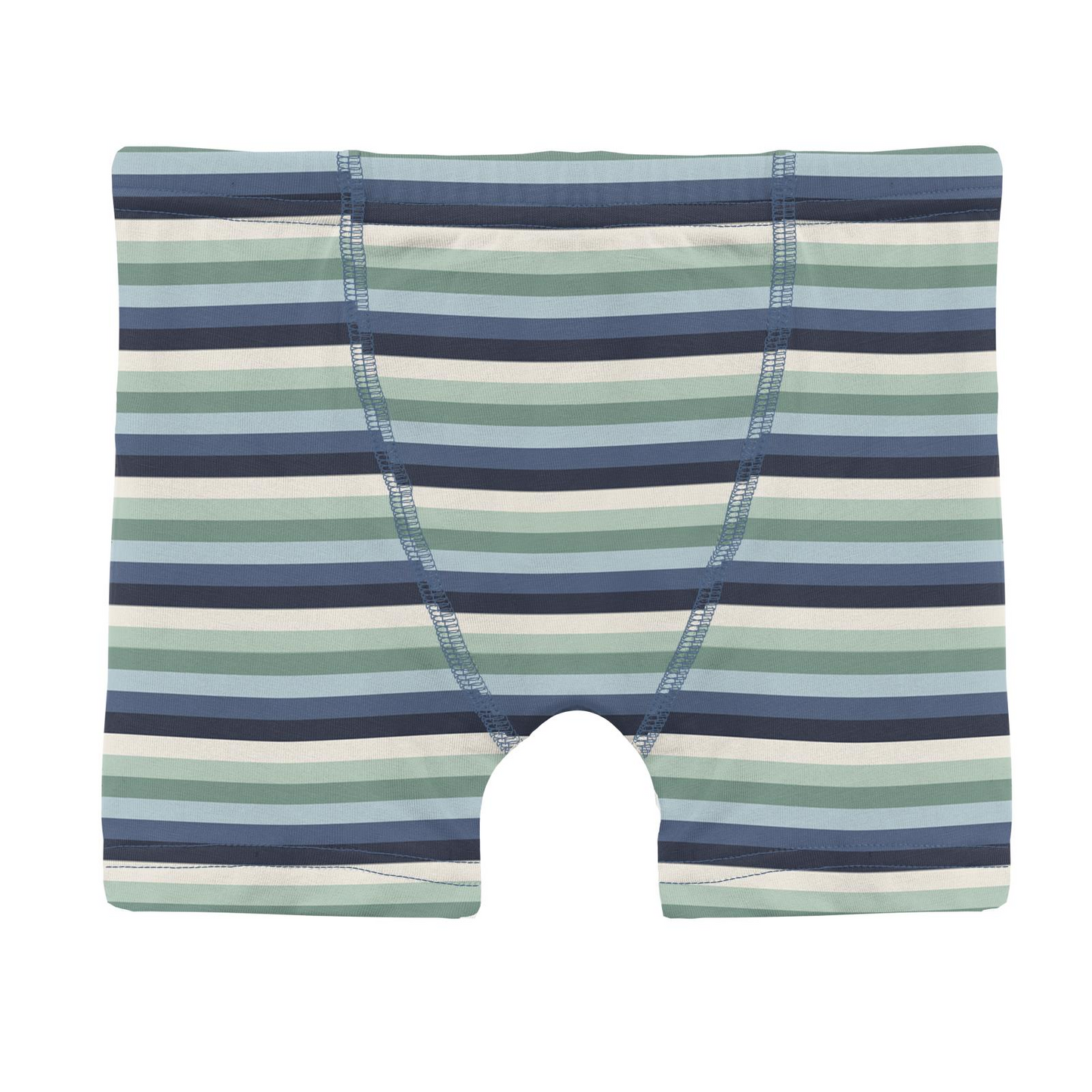 Striped boxer briefs with blue and green horizontal stripes on a white background