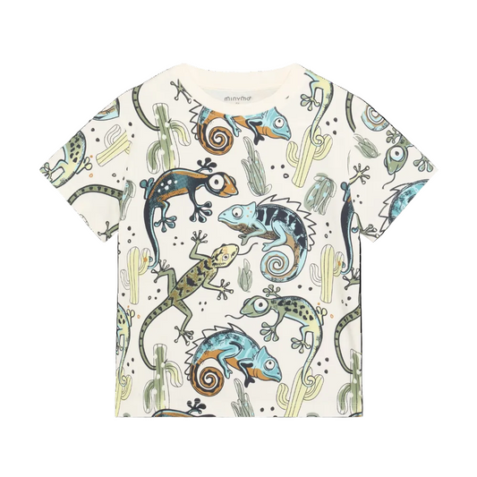 T-shirt with colorful chameleon and cactus pattern on a white background