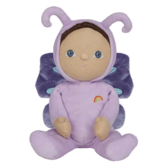 Plush toy in a purple outfit with antennae on a white background