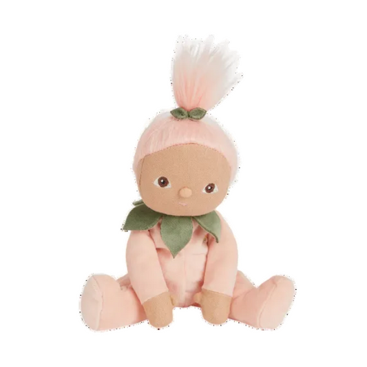 Plush toy with pink hair and outfit on a white background