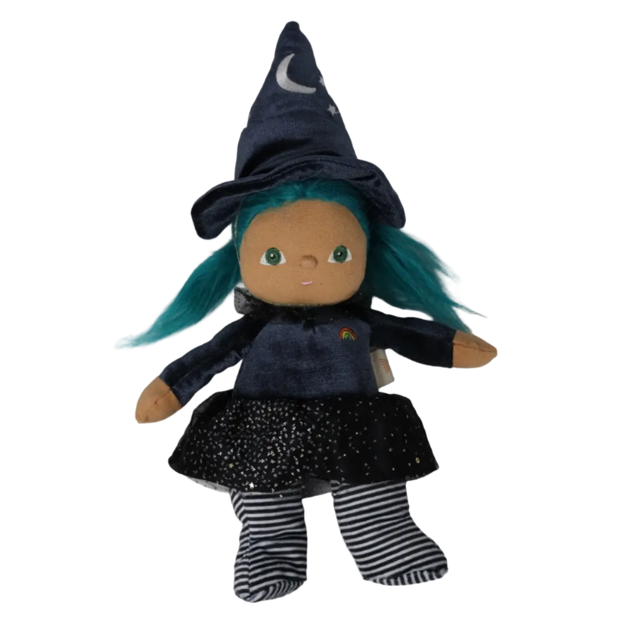 A plush witch doll with teal hair, wearing a dark blue velvet pointed hat with a white embroidered crescent moon, a dark blue top, a black glittery skirt, and black-and-white striped socks, isolated on a white background.