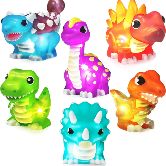 Six colorful light-up dinosaur bath toys on white background.