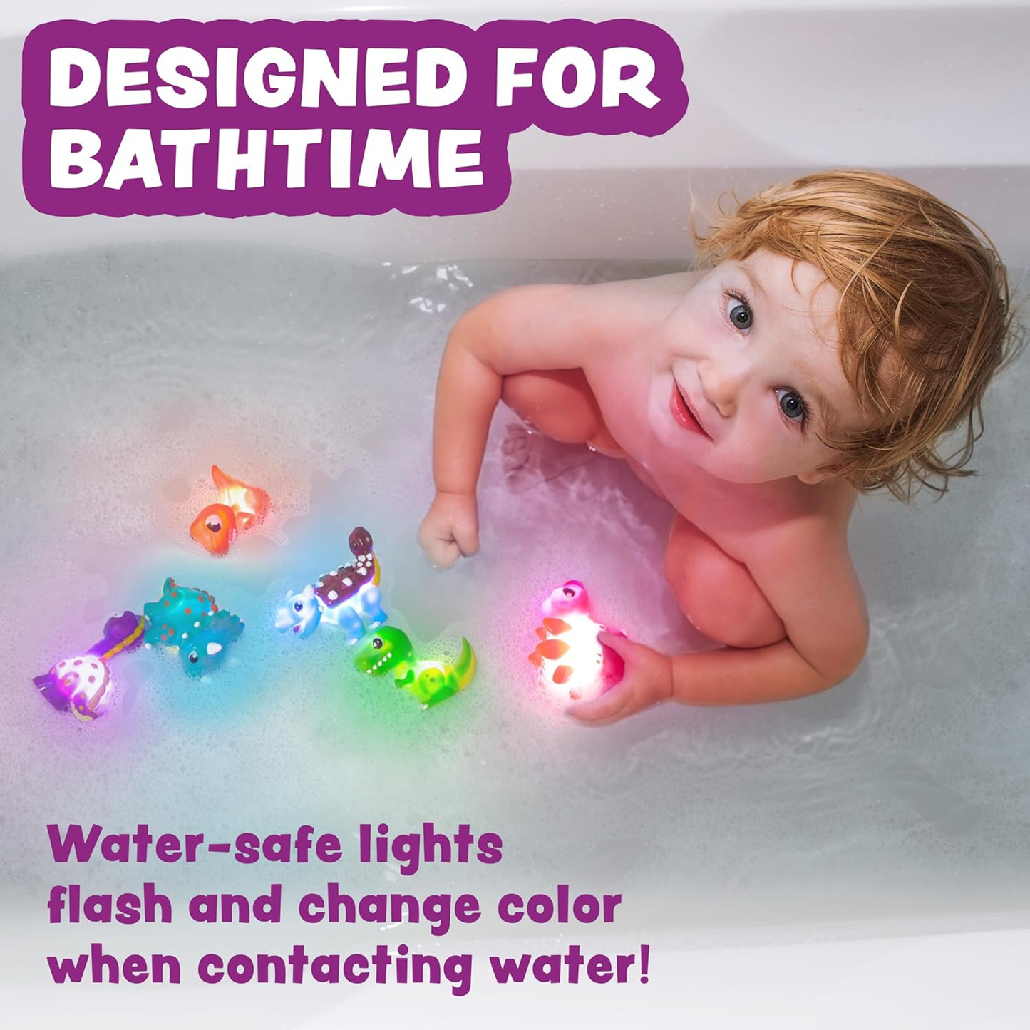 Six colorful light-up dinosaur bath toys on white background.