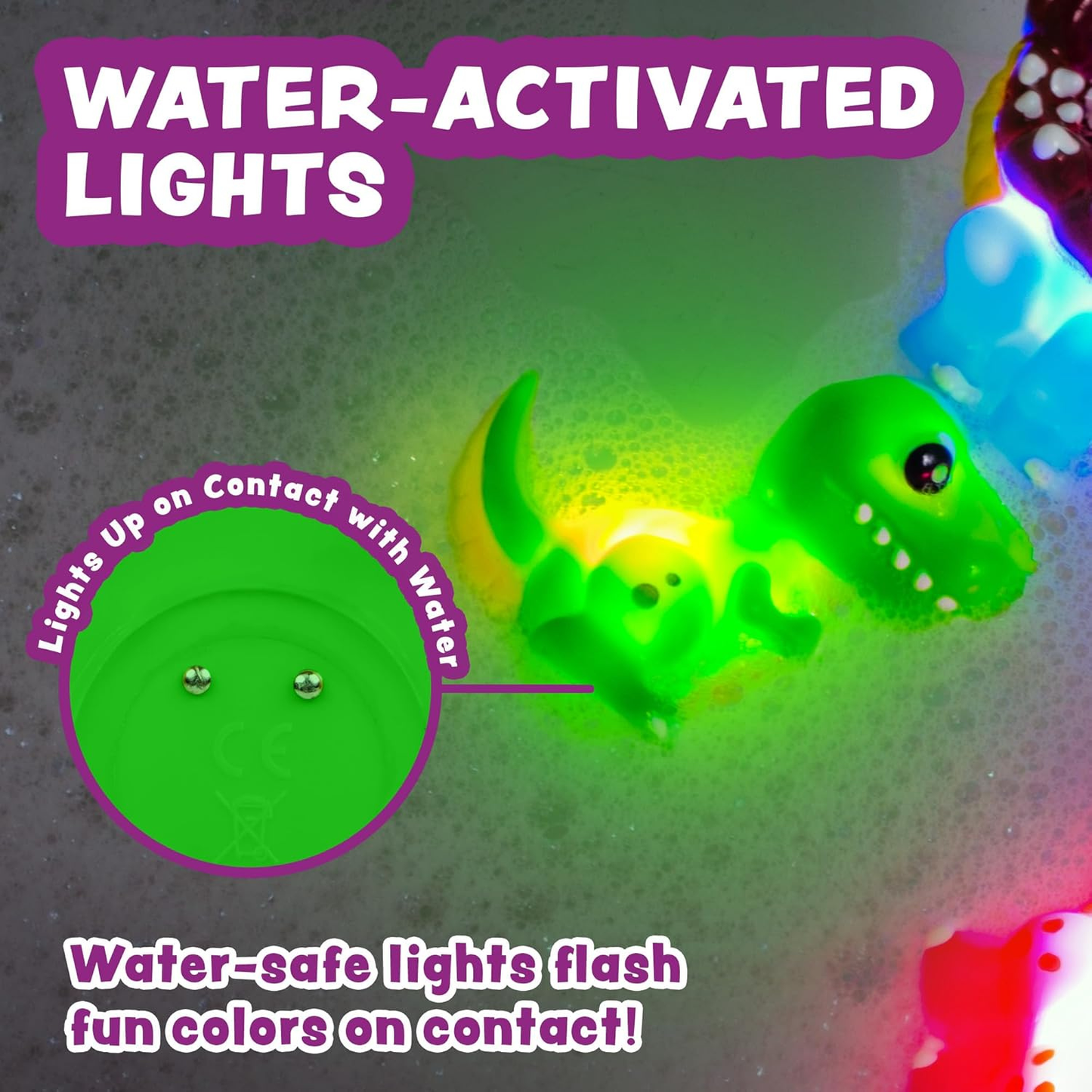 Six colorful light-up dinosaur bath toys on white background.