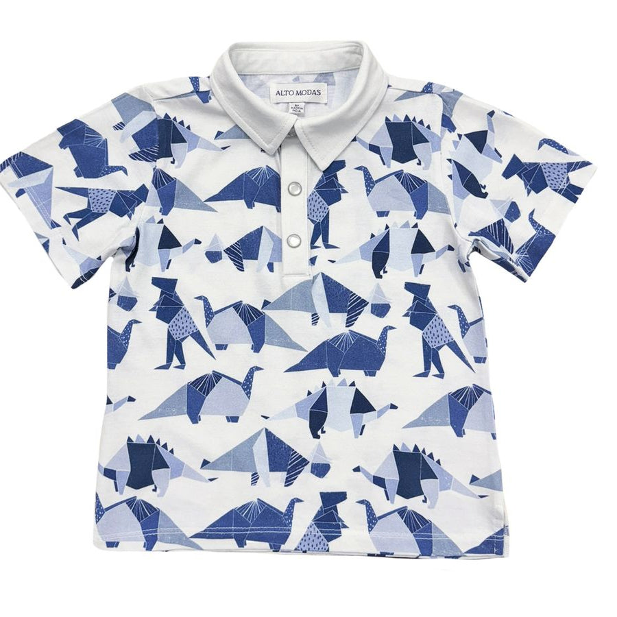 Boys soft polo shirt with blue dinosaur pattern