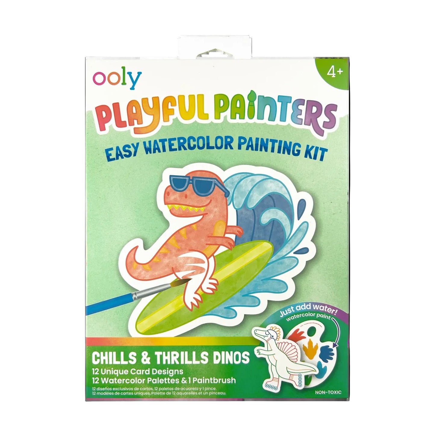 Ooly Playful Painters Easy Watercolor Painting Kit packaging with a dinosaur on a surfboard.