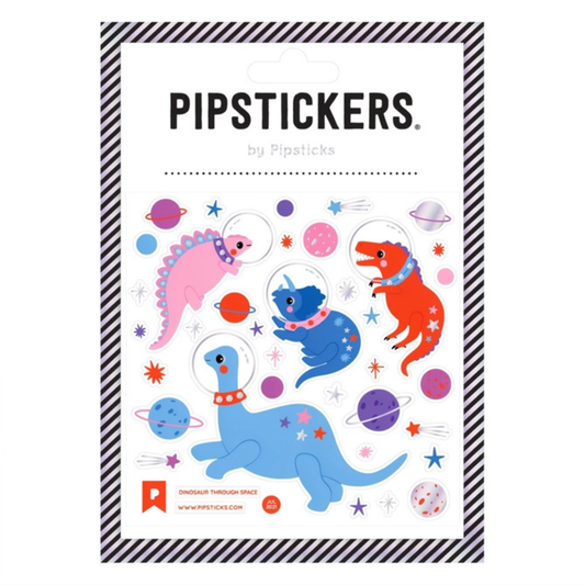 Colorful astronaut dinosaur stickers with glitter foil accents