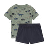 Children's outfit with dinosaur-themed t-shirt and navy shorts