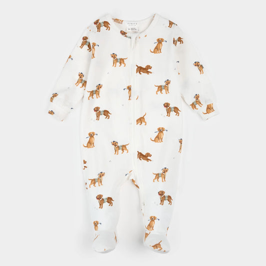 White footie with brown dog pattern