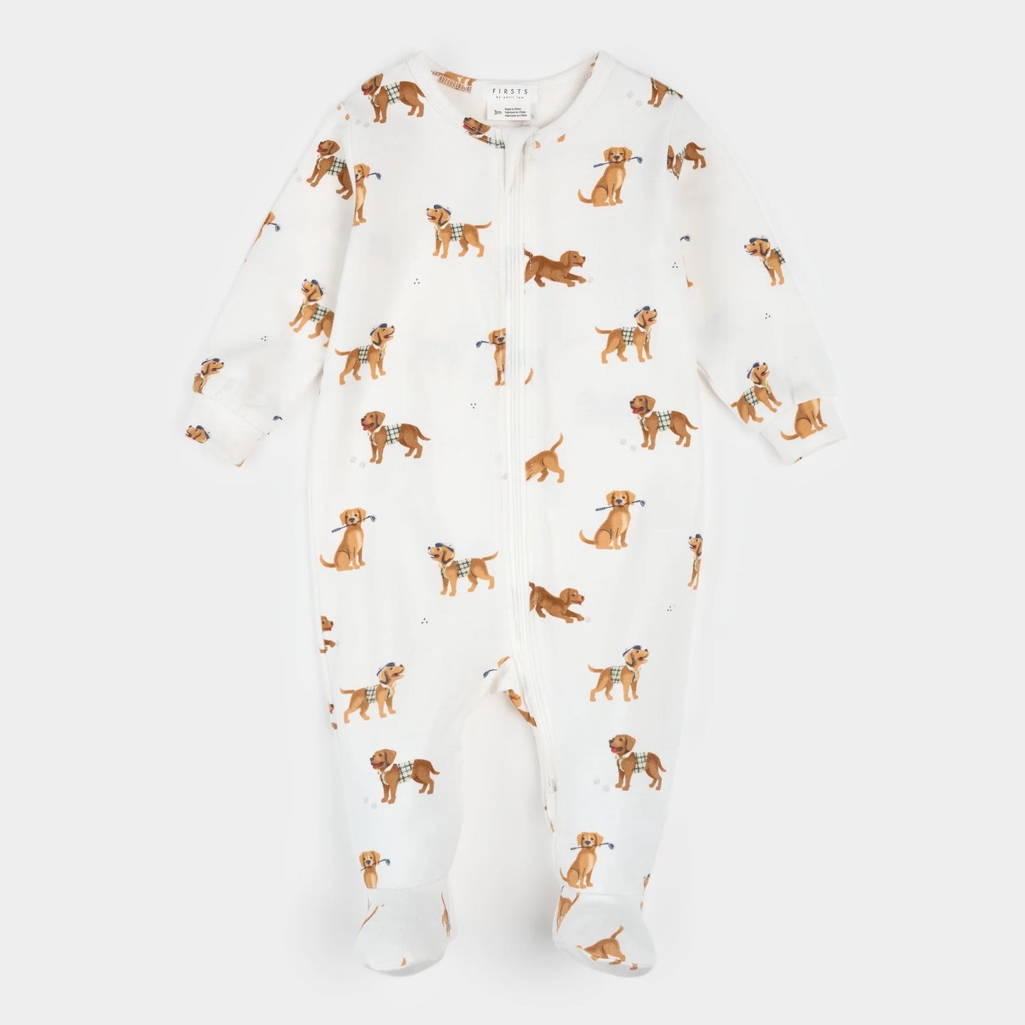 White footie with brown dog pattern