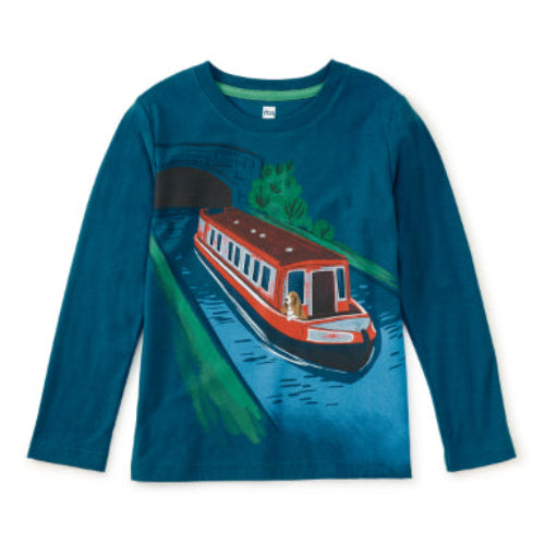 Children's long-sleeve shirt with a boat graphic on a white background