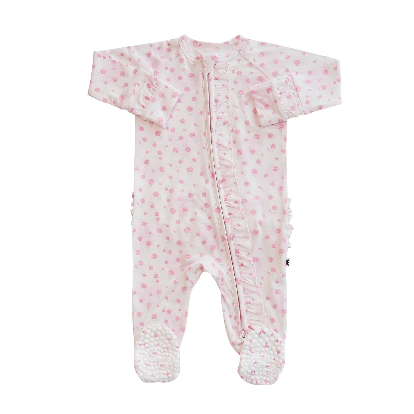 Baby footie with pink floral pattern on a white background