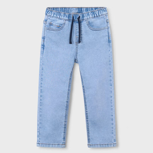 Light blue jeans with a drawstring waist on a white background