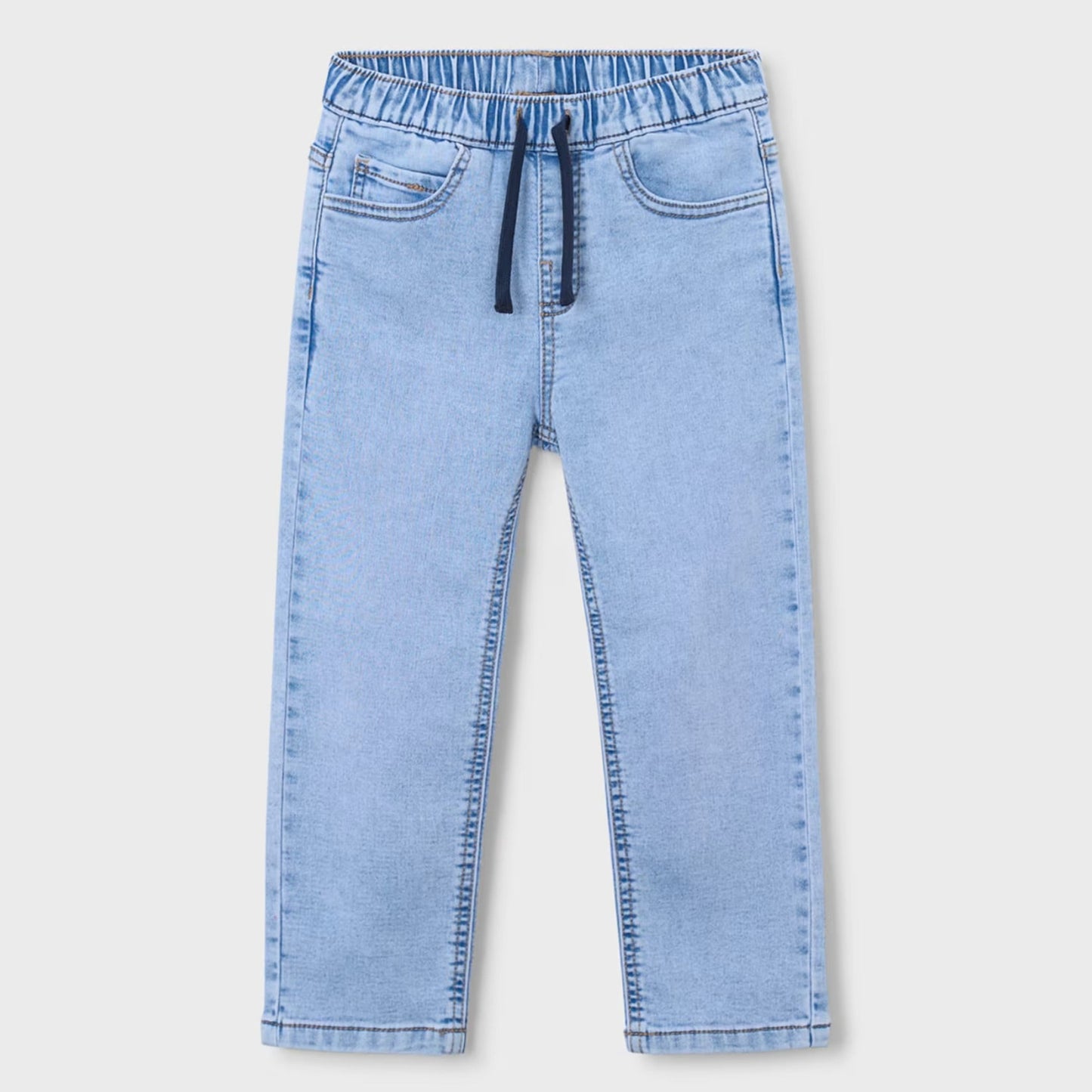 Light blue jeans with a drawstring waist on a white background