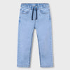Light blue jeans with a drawstring waist on a white background