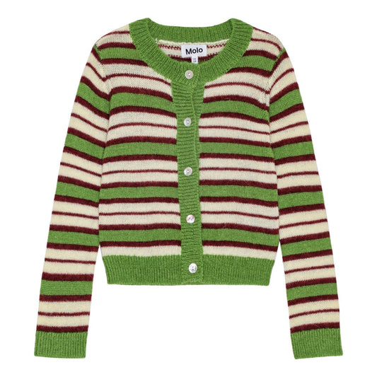 Red, white, and green striped cardigan with buttons