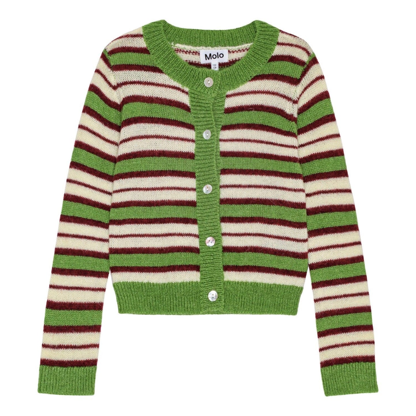 Red, white, and green striped cardigan with buttons