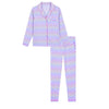 A two-piece pajama set featuring a long-sleeve button-up top and matching pants, both decorated with a repeating pastel pattern of colorful hearts on a light lavender background.