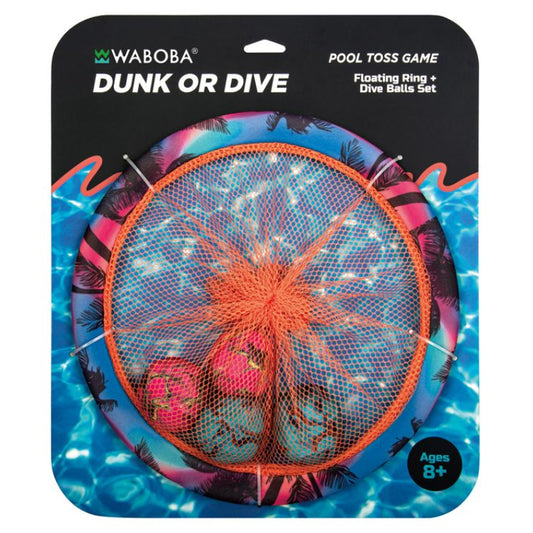 Waboba Dunk or Dive pool toss game packaging with floating ring and dive balls set.