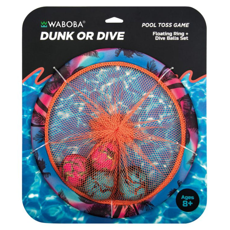 Waboba Dunk or Dive pool toss game packaging with floating ring and dive balls set.