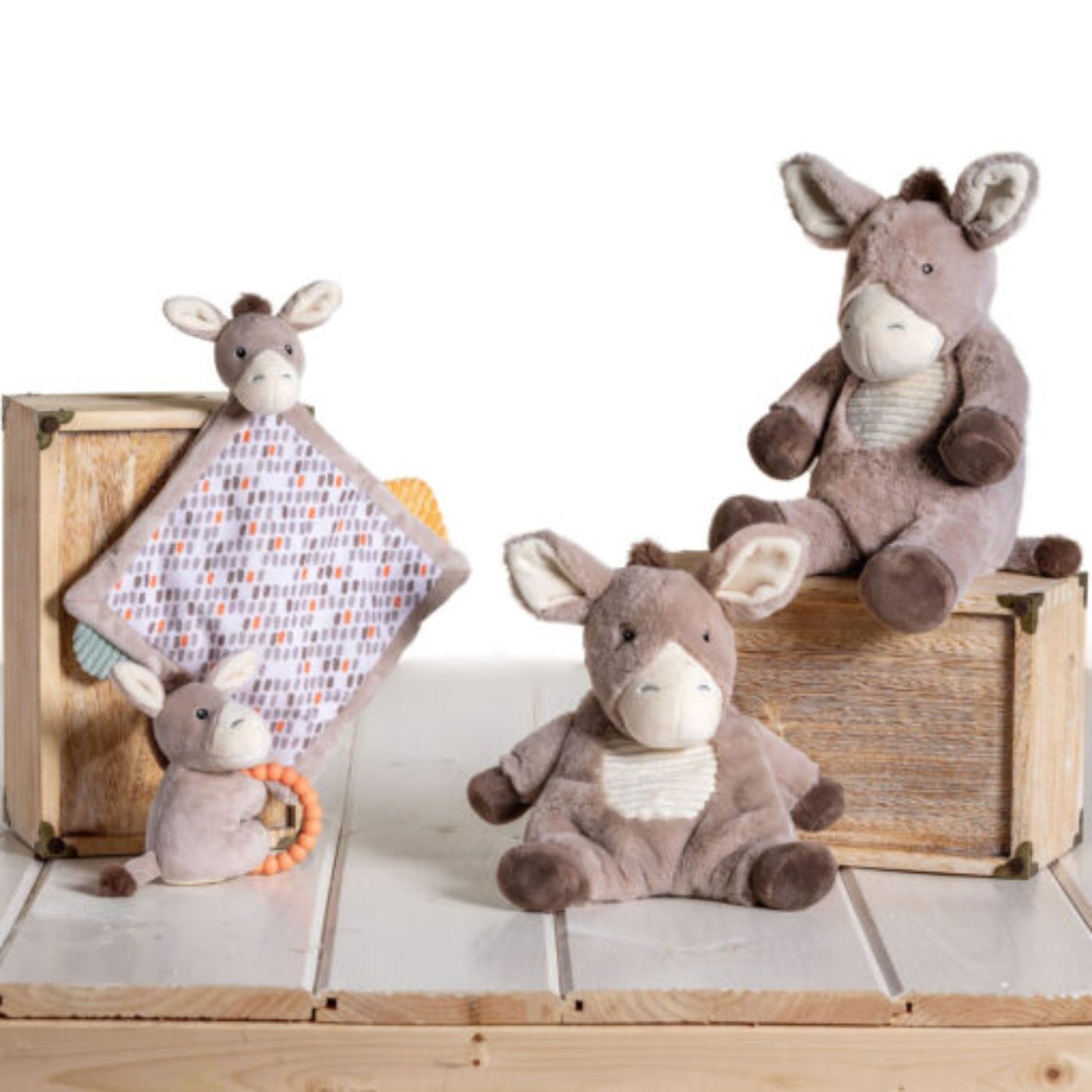 Soft textured donkey plush with playful sensory details