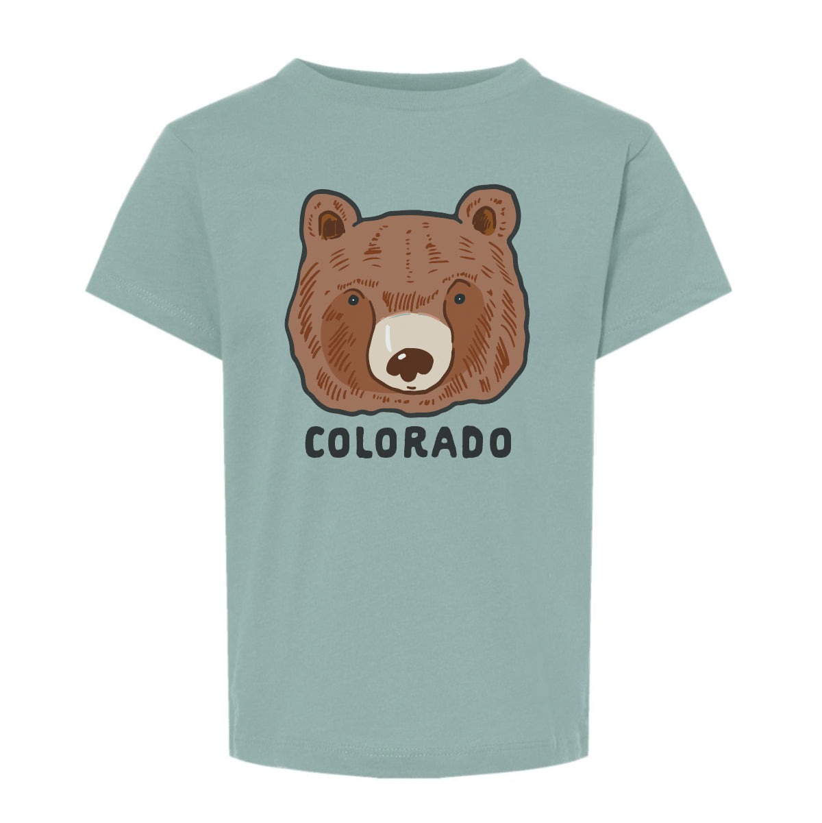 Dusty blue tee with brown bear graphic and text Colorado underneath