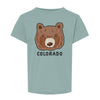 Dusty blue tee with brown bear graphic and text Colorado underneath