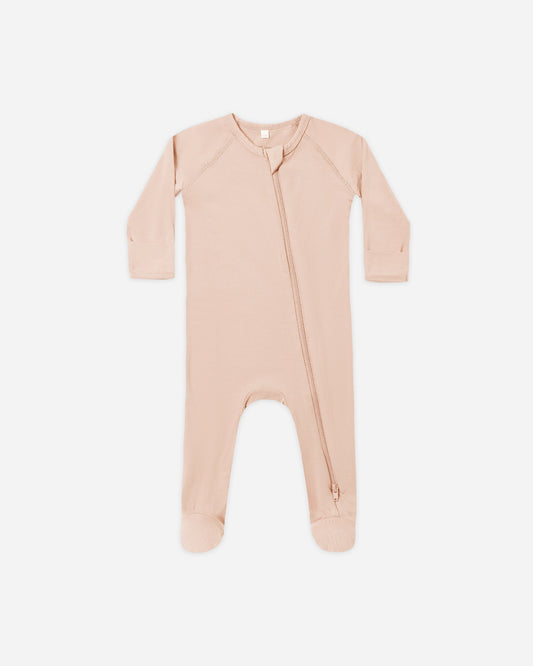 Dusty Rose Bamboo Zip Footie flat lay - Quincy Mae bamboo footie, dusty rose