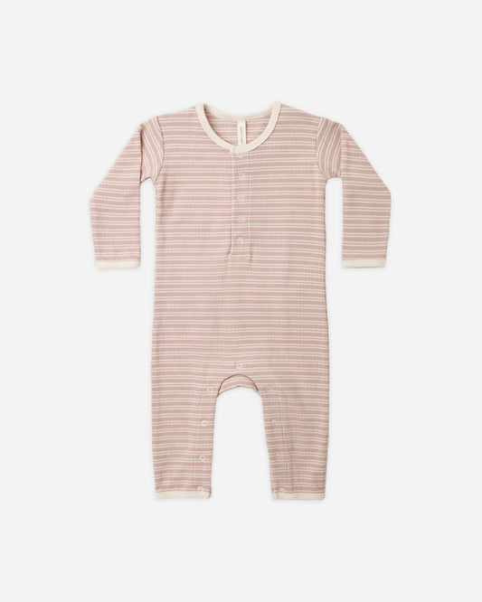 Dusty Rose Microstripe Romper flat lay - Quincy Mae organic cotton ribbed jumpsuit