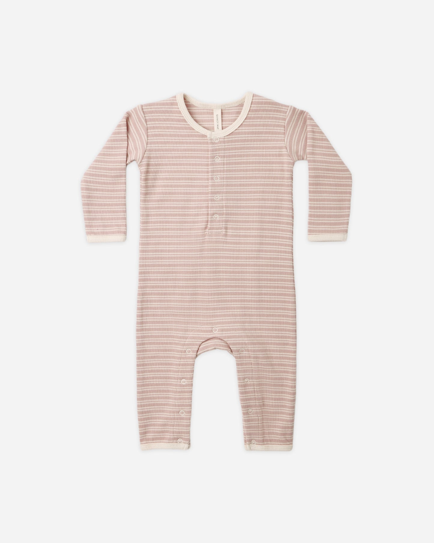 Dusty Rose Microstripe Romper flat lay - Quincy Mae organic cotton ribbed jumpsuit