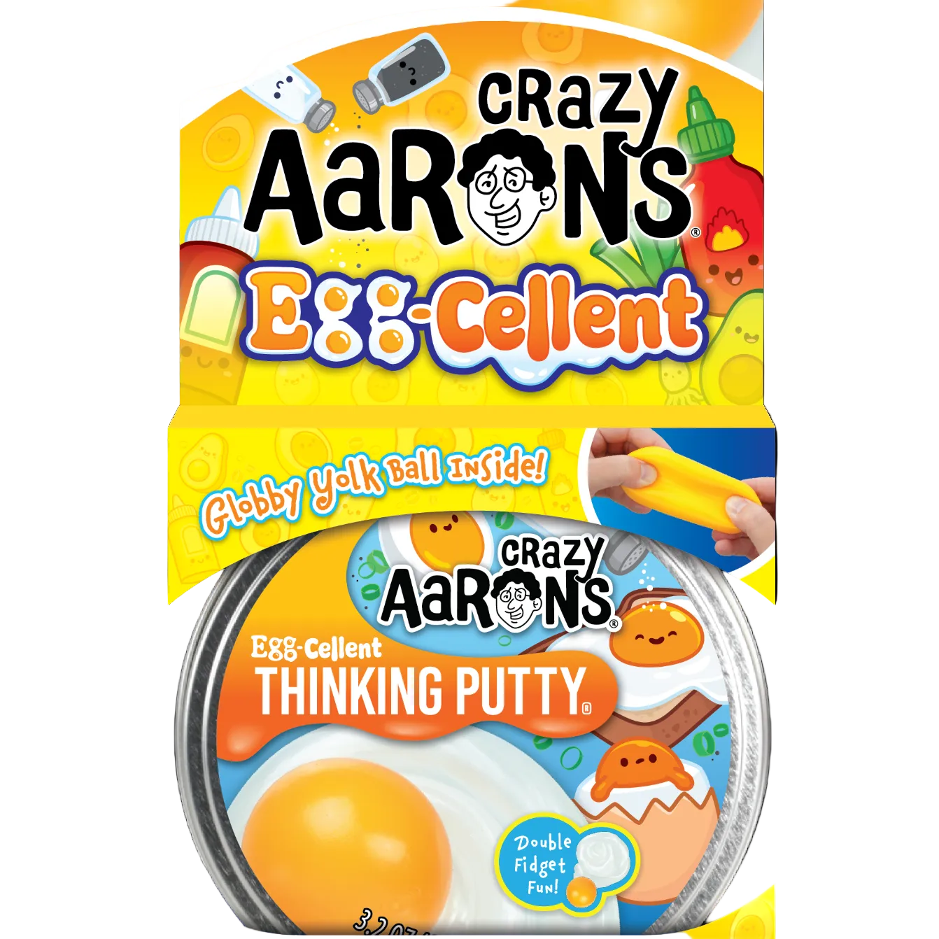 Crazy Aaron's Egg-Cellent Thinking Putty packaging with a cartoon character and product image.