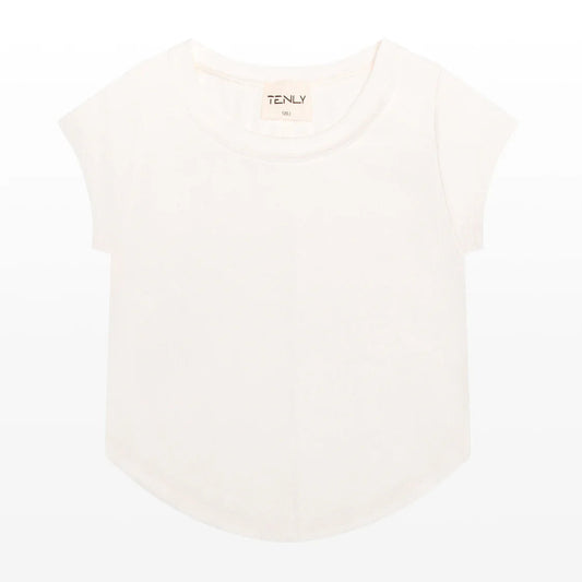 White t-shirt with 'TENLY' branding and cap sleeves