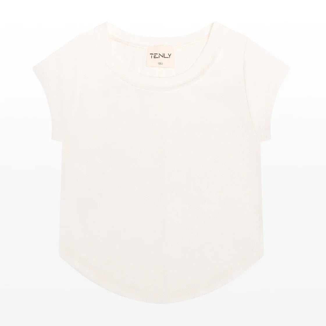 White t-shirt with 'TENLY' branding and cap sleeves