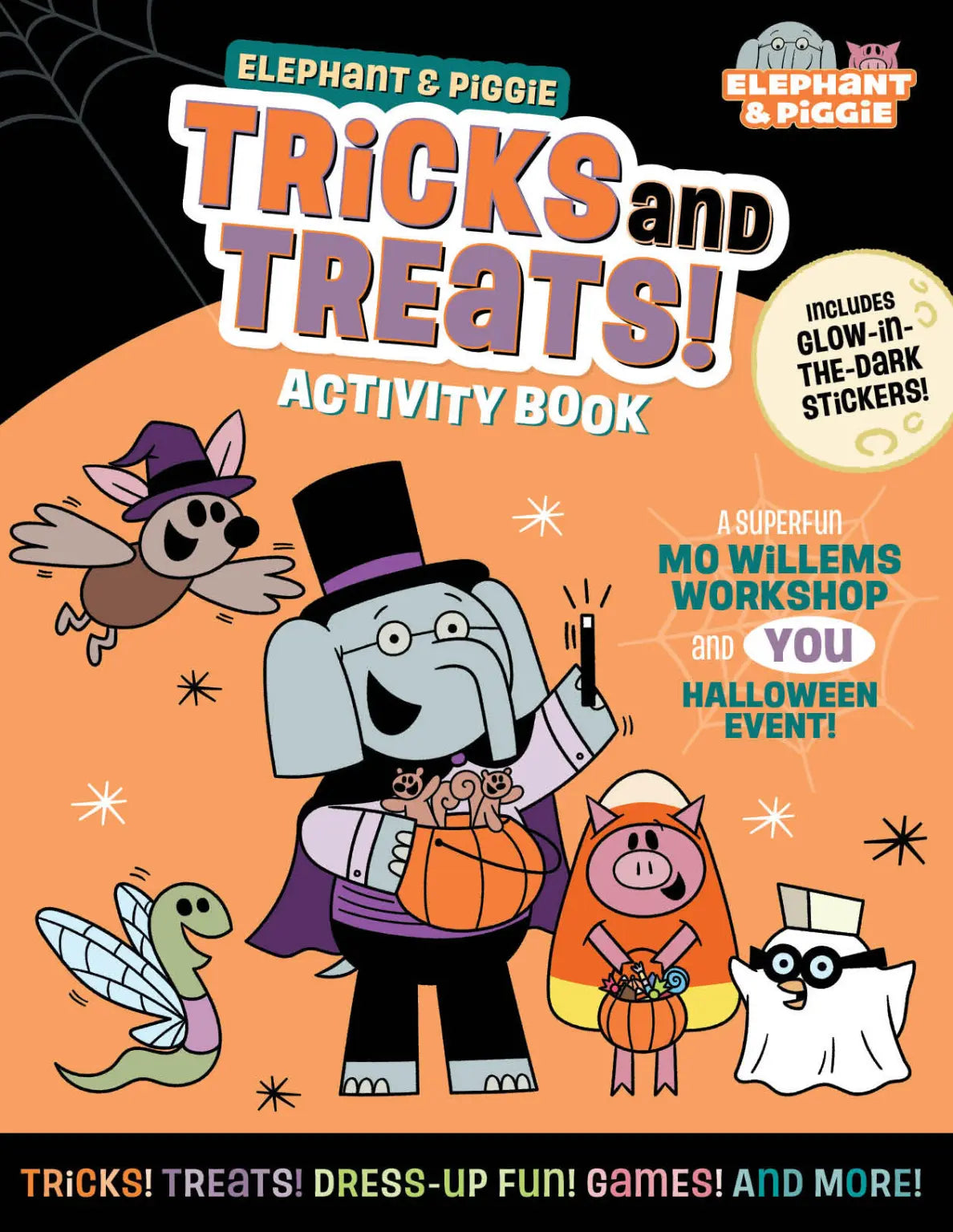 Halloween-themed activity book with characters and text on a black and orange background