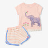 Children's outfit with pink shirt and striped shorts featuring an elephant design on a white background