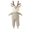 A plush toy deer with brown antlers, wearing a beige knit sweater and brown-and-beige striped pants, shown against a plain white background.