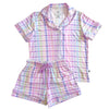 Pastel plaid children's pajama set on a white background