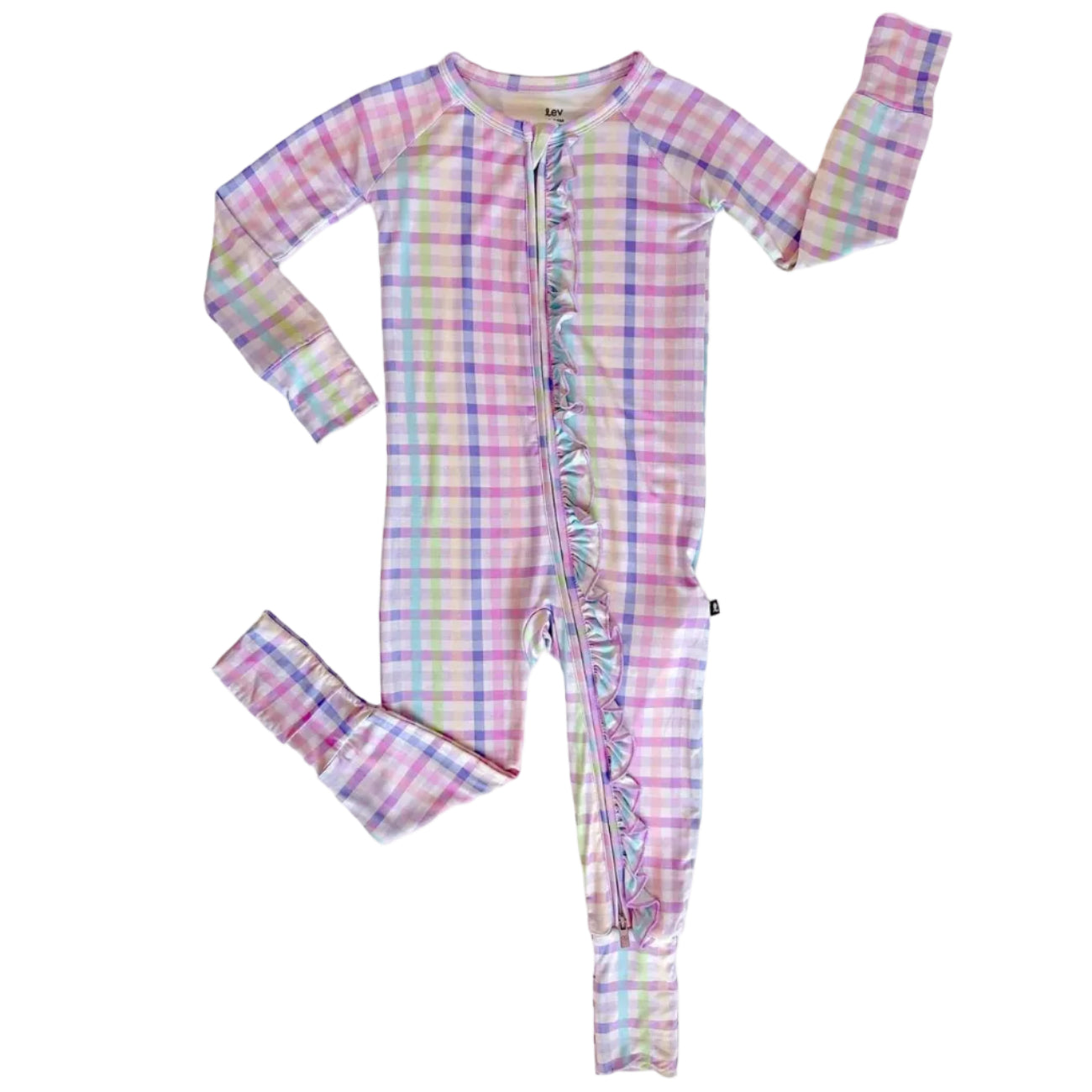 Pink and purple checkered convertible romper with ruffle details
