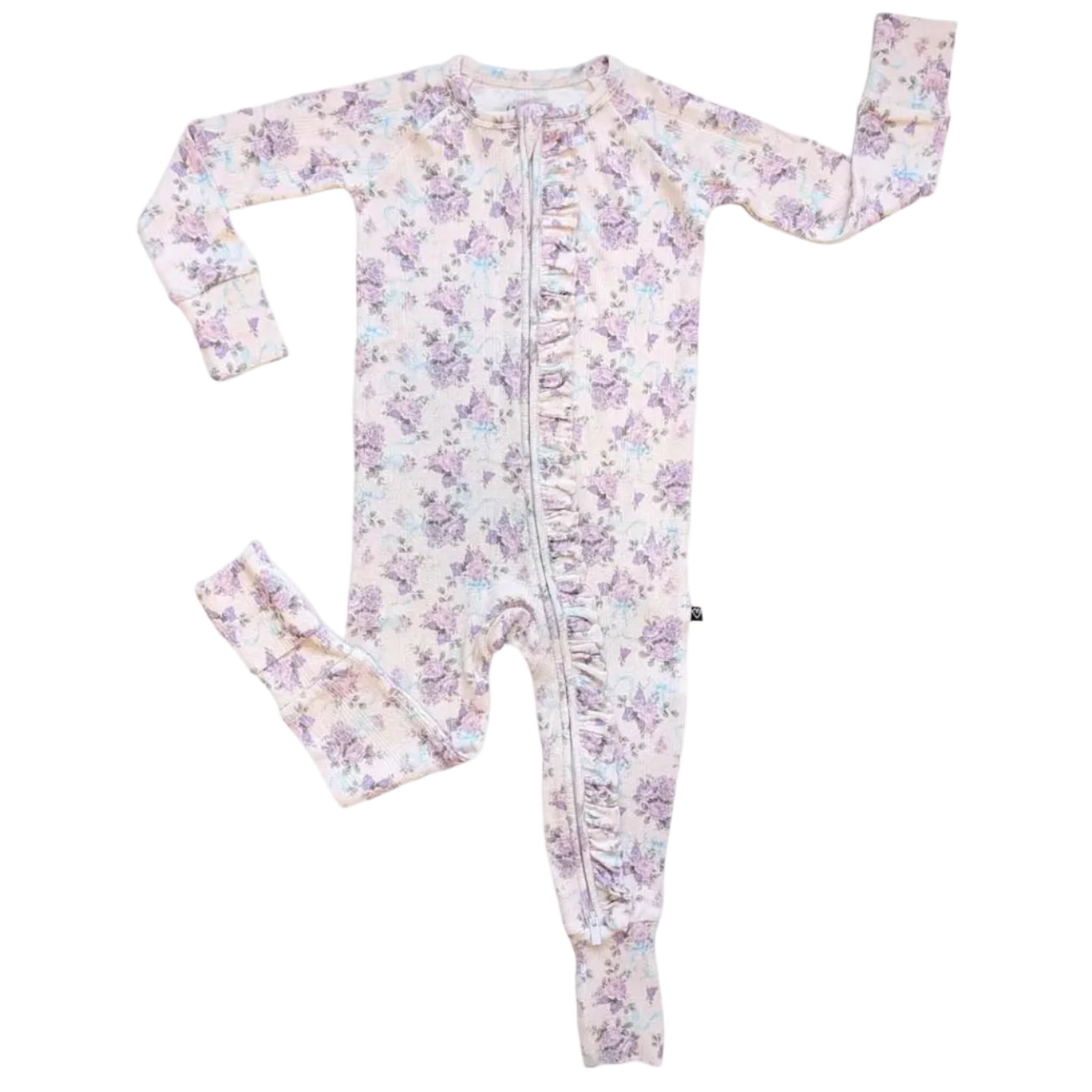 Light purple long sleeve ruffle zip convertible romper with purple flower print